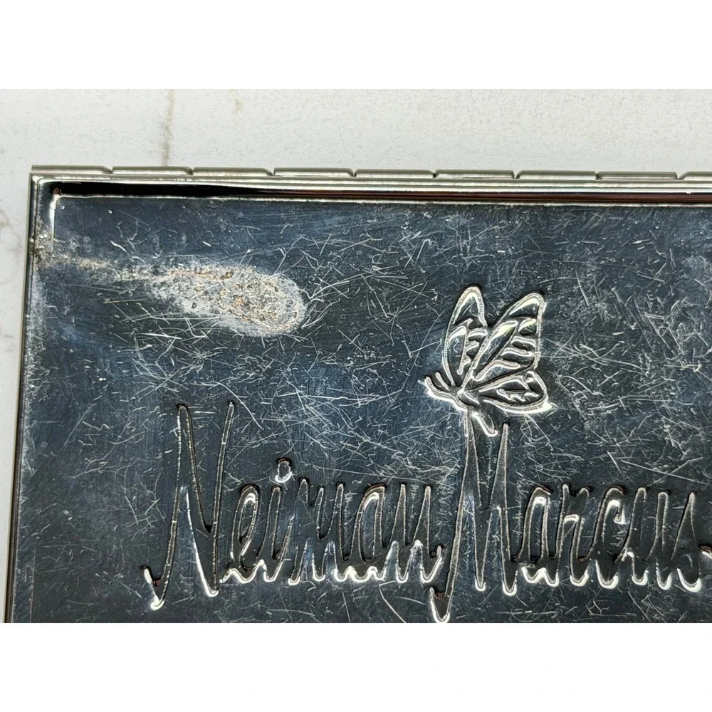 Neiman Marcus Vintage Silver Tone Butterfly Logo Double Compact Mirror
